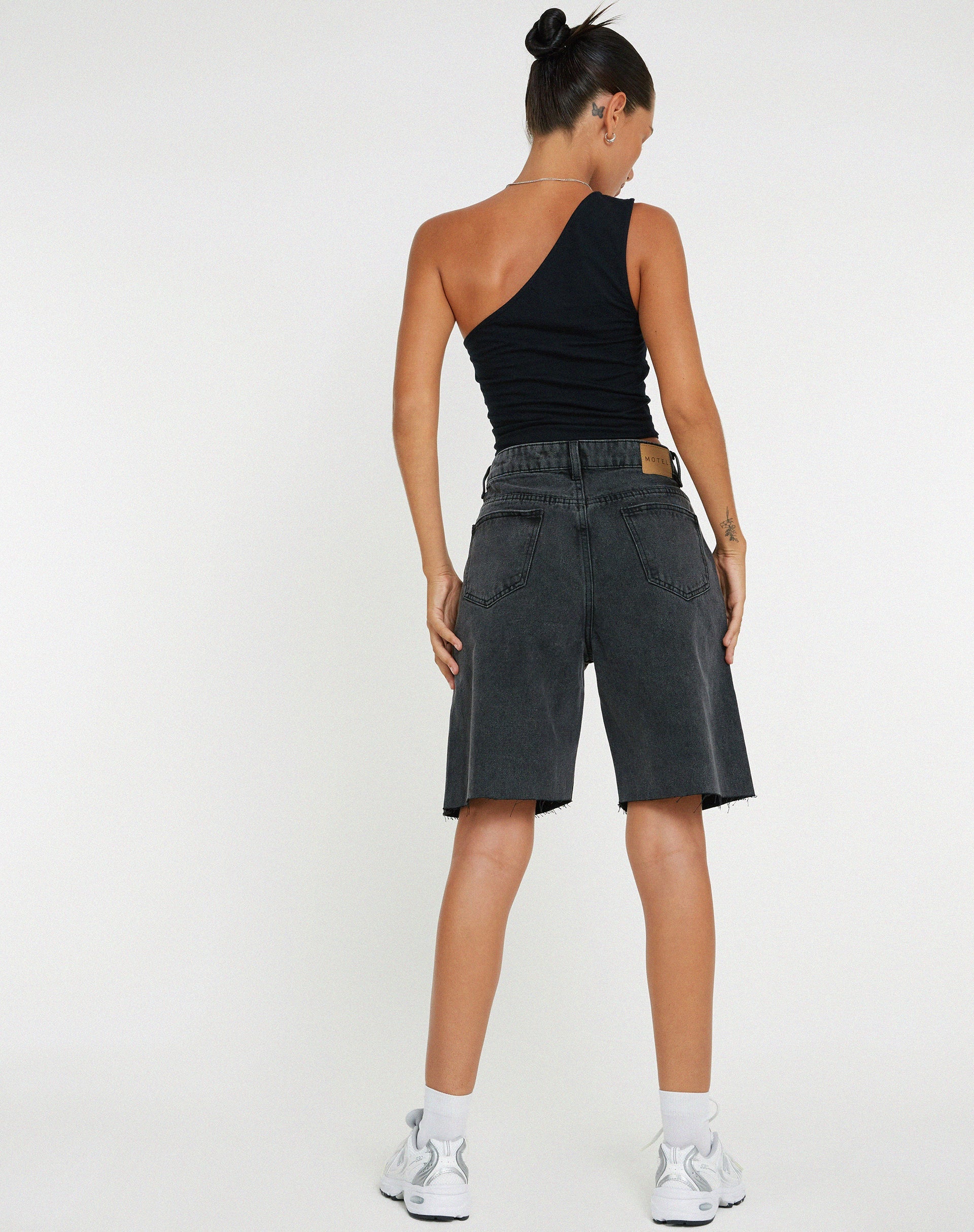 Longline denim best sale shorts black