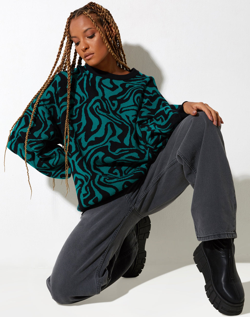 Mably Jumper in Jagged Swirl Green and Black