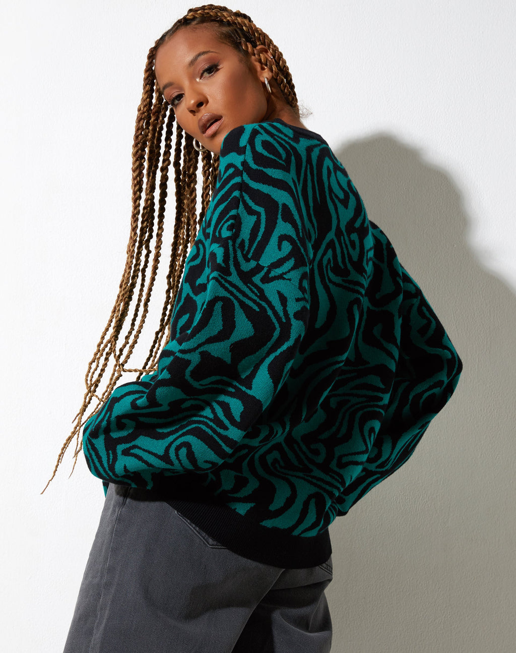 Mably Jumper in Jagged Swirl Green and Black
