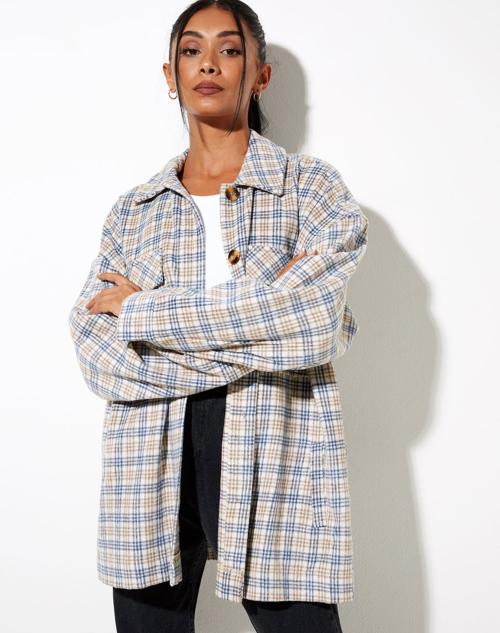 Marcel Shirt in Small Check White Blue Tan