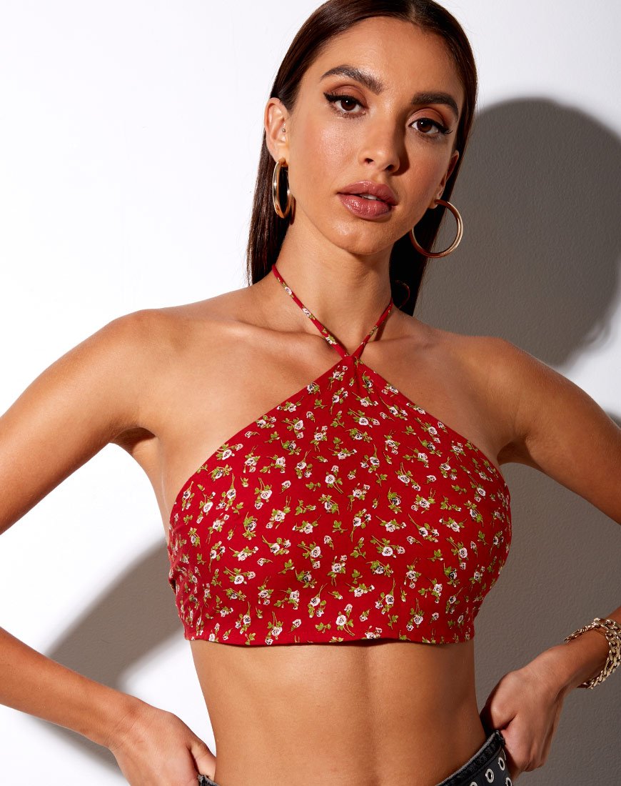 Maudy Crop Top in Falling For You Floral Red