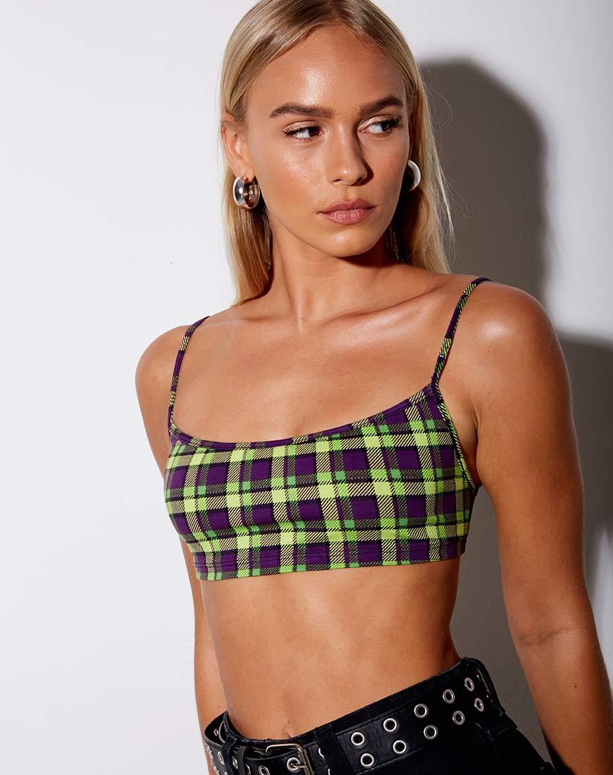 Micro Crop Top in Green And Purple Check