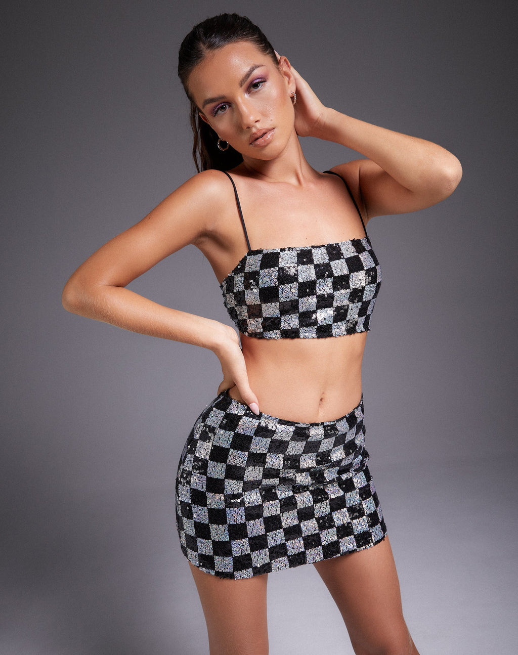 Keyan Tube Top in Checkerboard Sequin Black and Silver