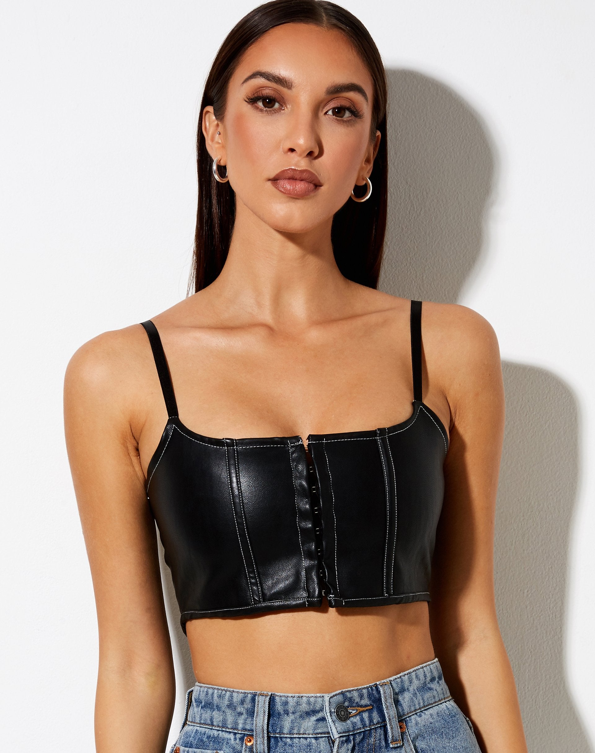 Image of Nindy Crop Top in PU Black with White Stitch