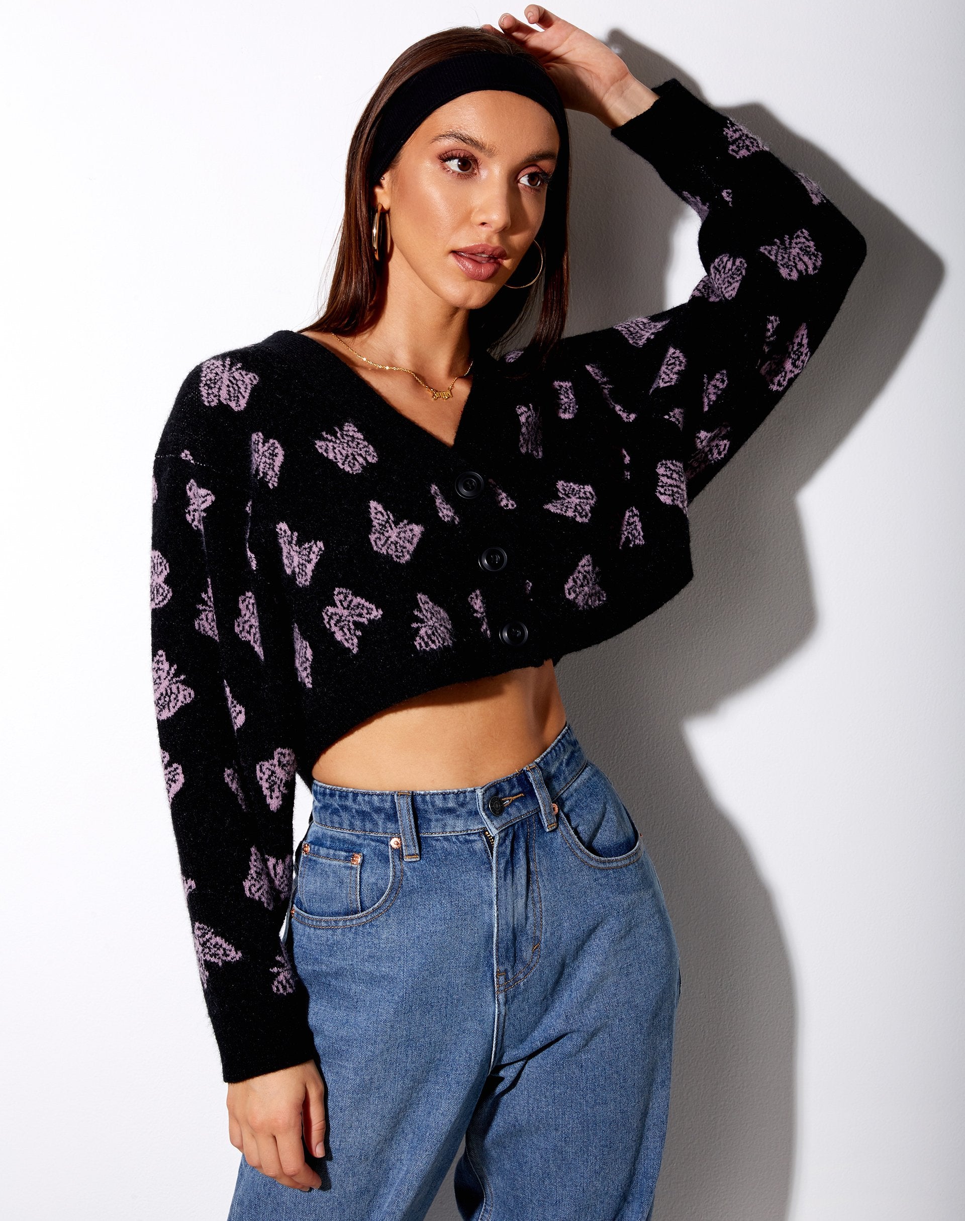 Image of Olina Cropped Cardigan in Black and Purple Butterfly