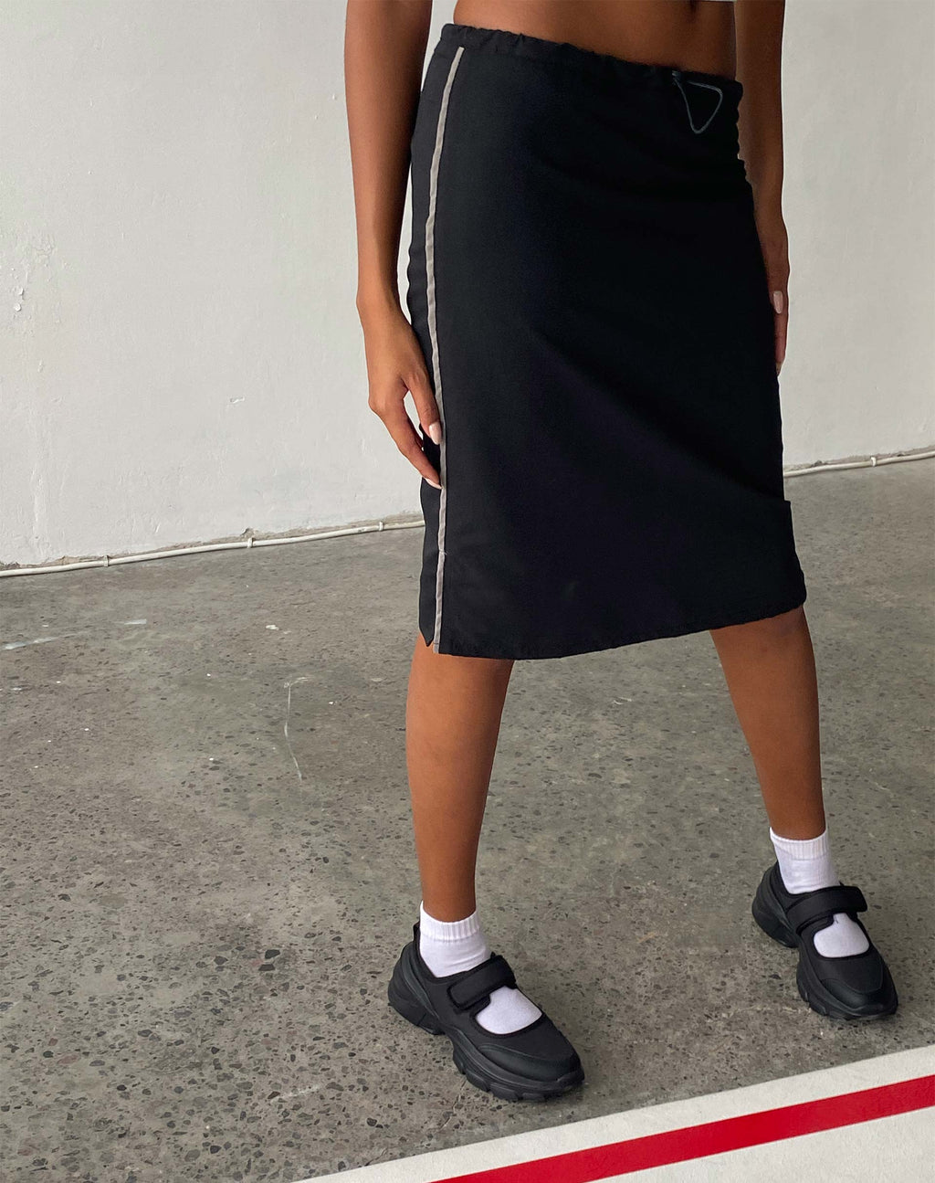 Ashlyn Cargo Midi Skirt in Black with White Stripe