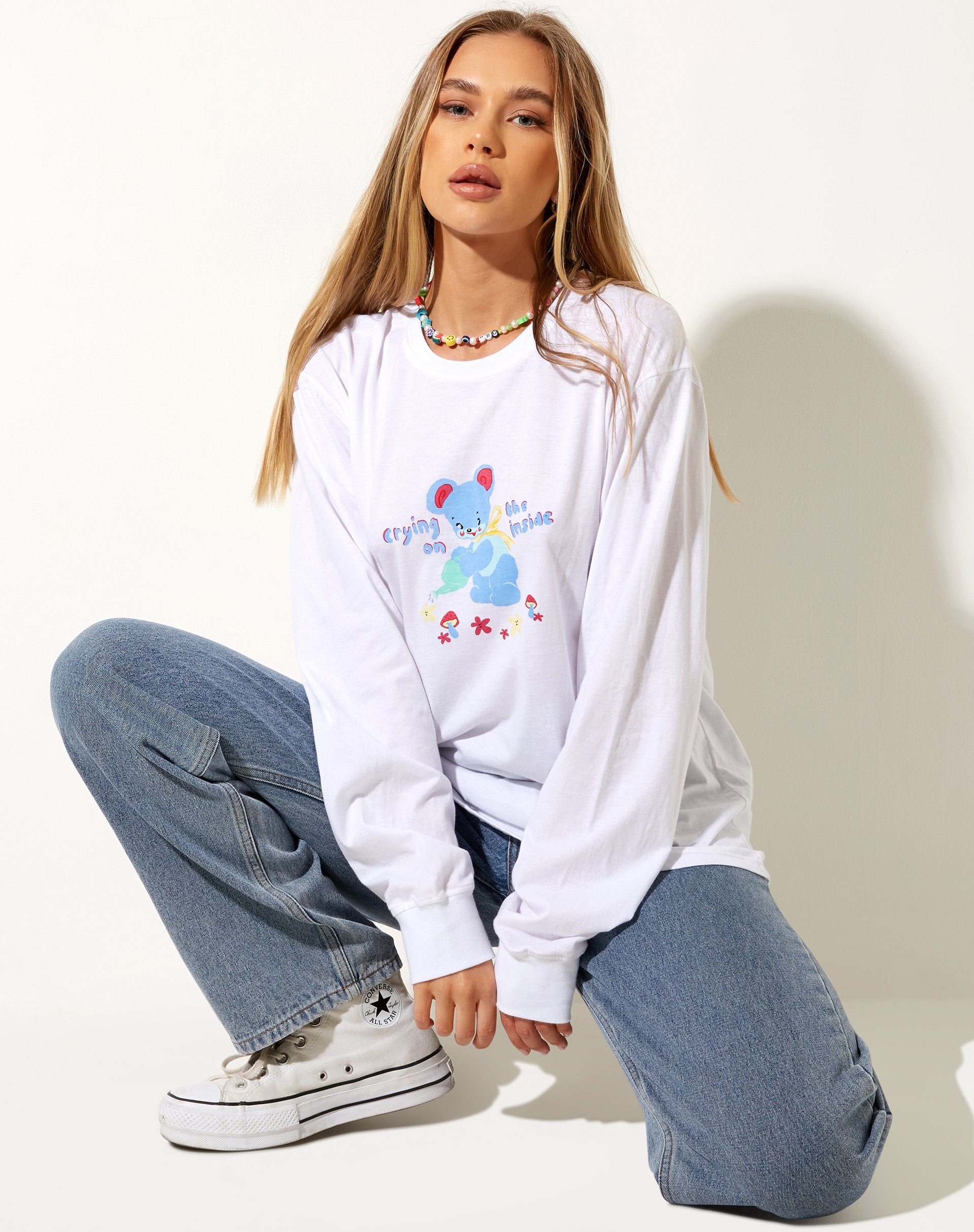 Image of Olivia Long Sleeve Tee in White Crying On The Inside