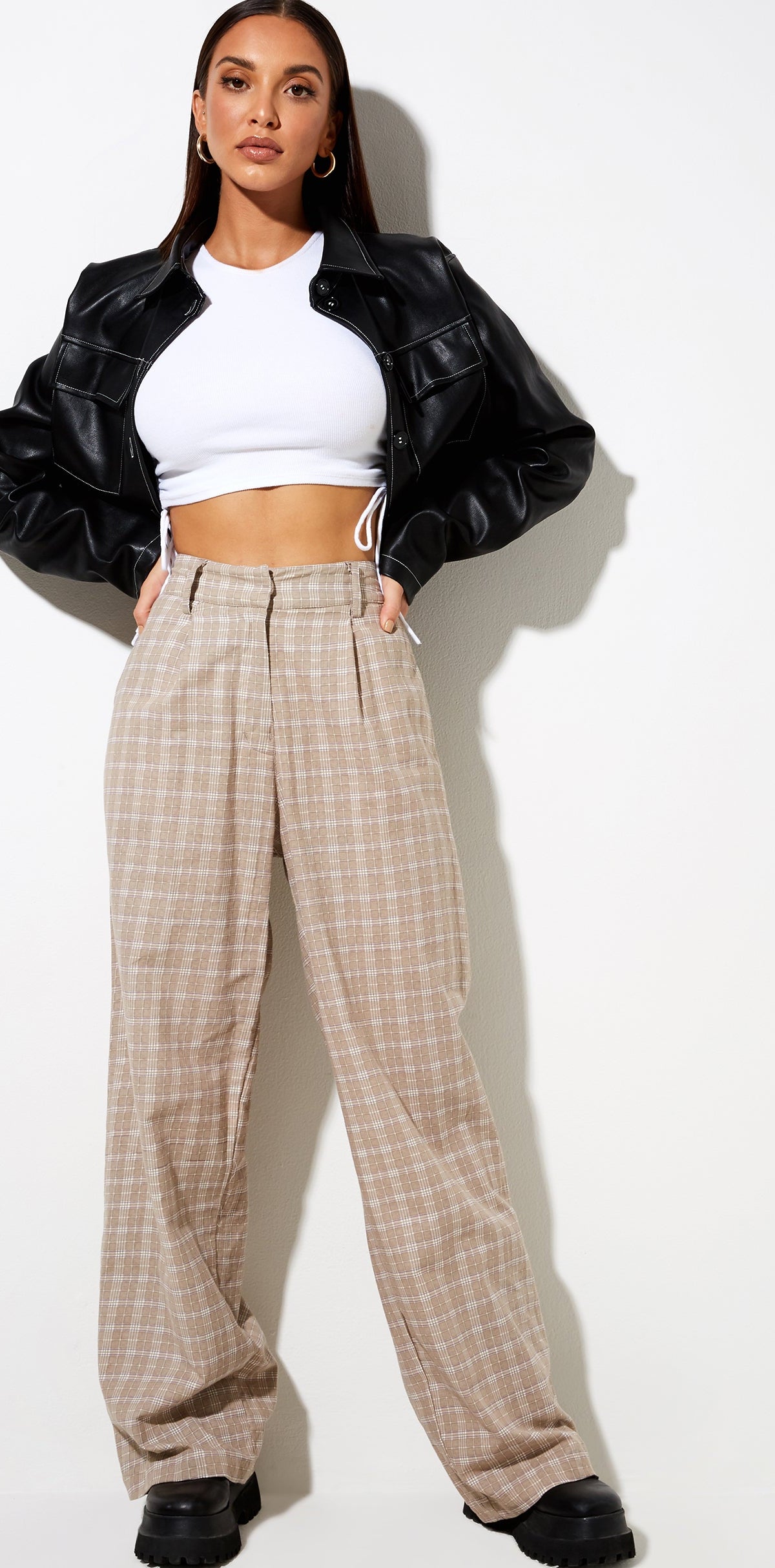 High Waist Beige and White Check Wide Leg Trouser | Onfal – motelrocks ...