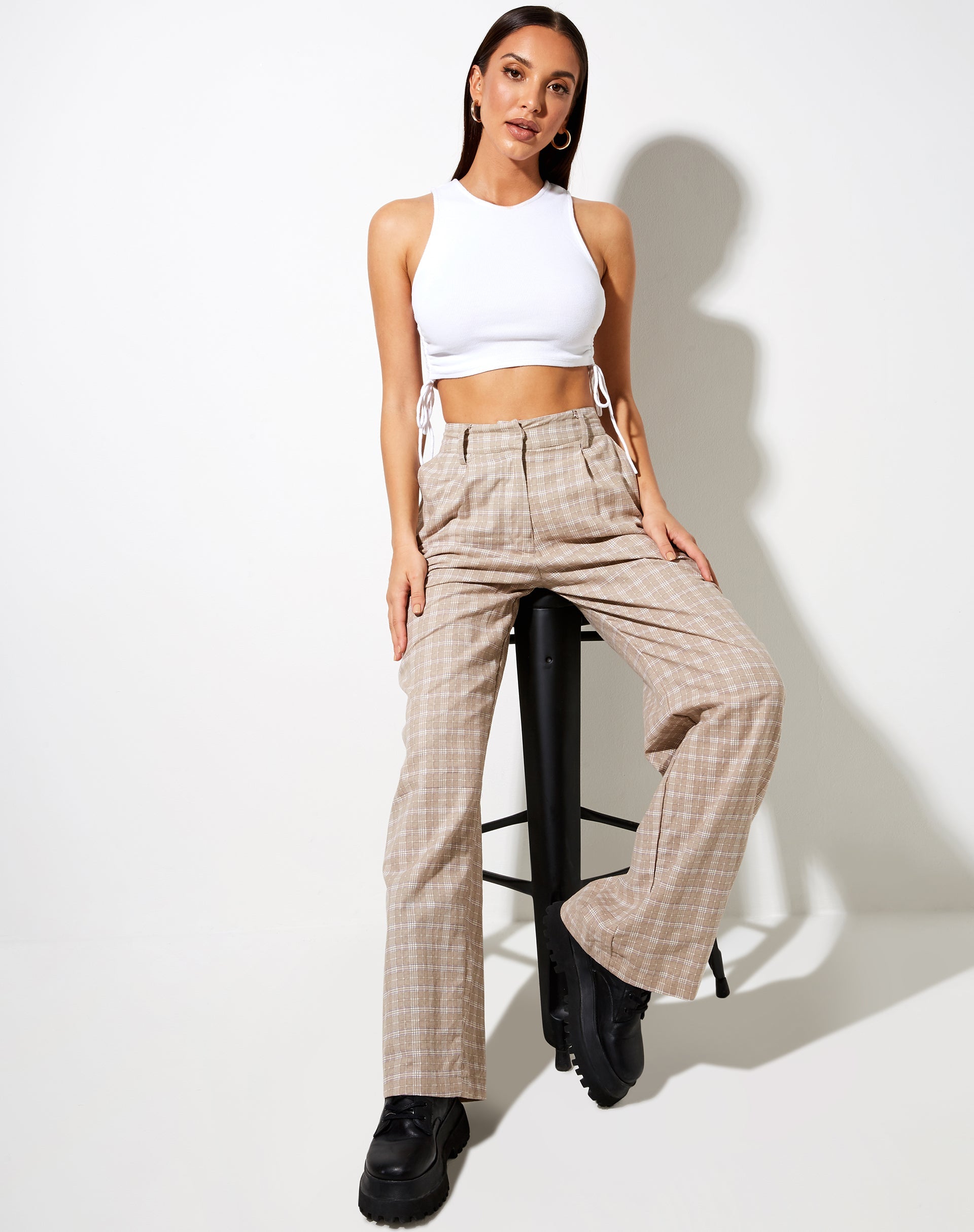 Image of Onfal Wide Leg Trouser in Taupe Check