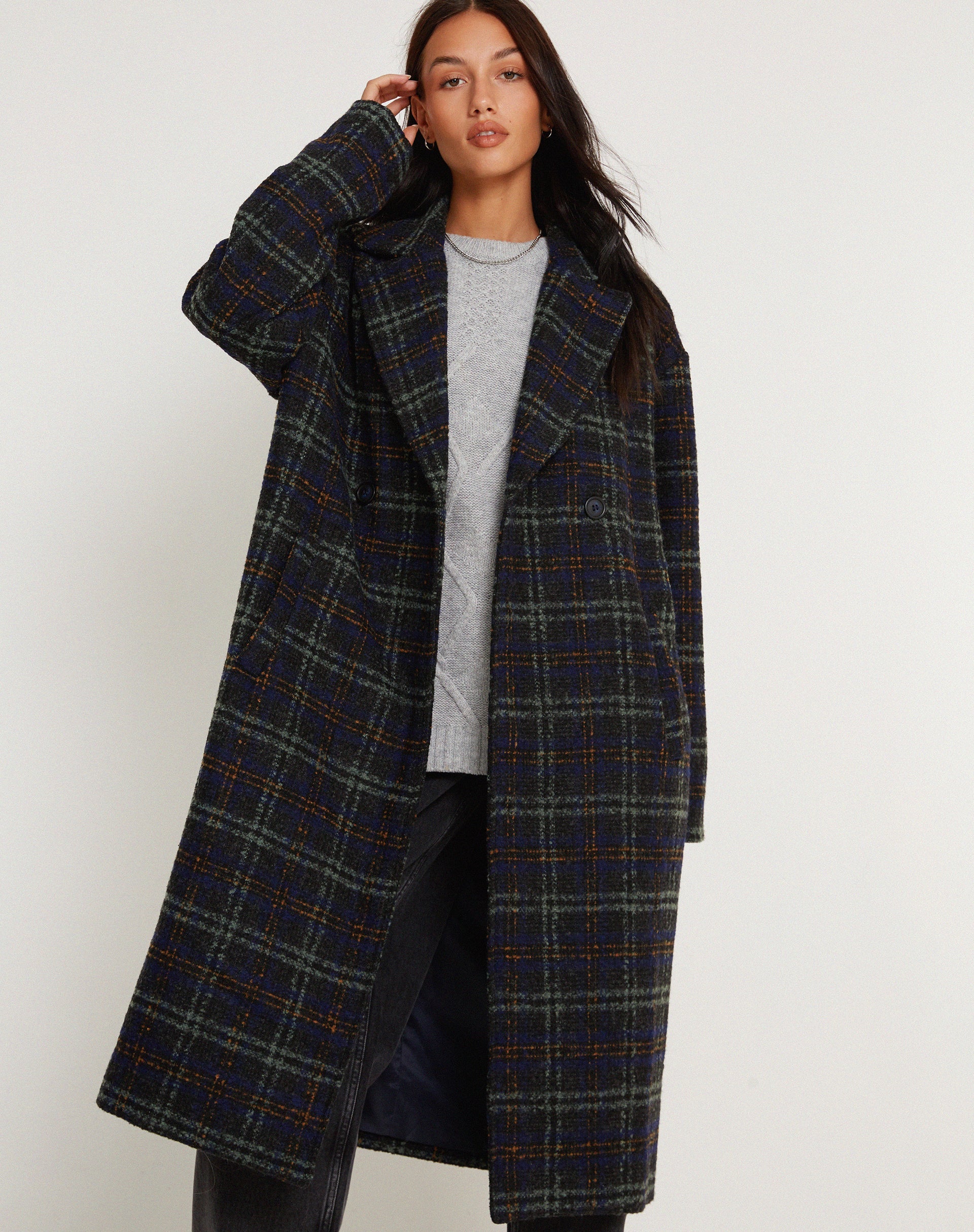 image  of Orlova Coat in Check Navy Black and Brown