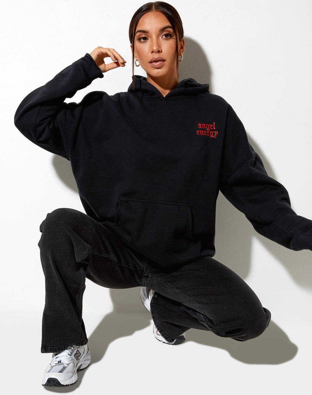 Oversize Hoodie in Black 'Angel Energy' Light Red Embro