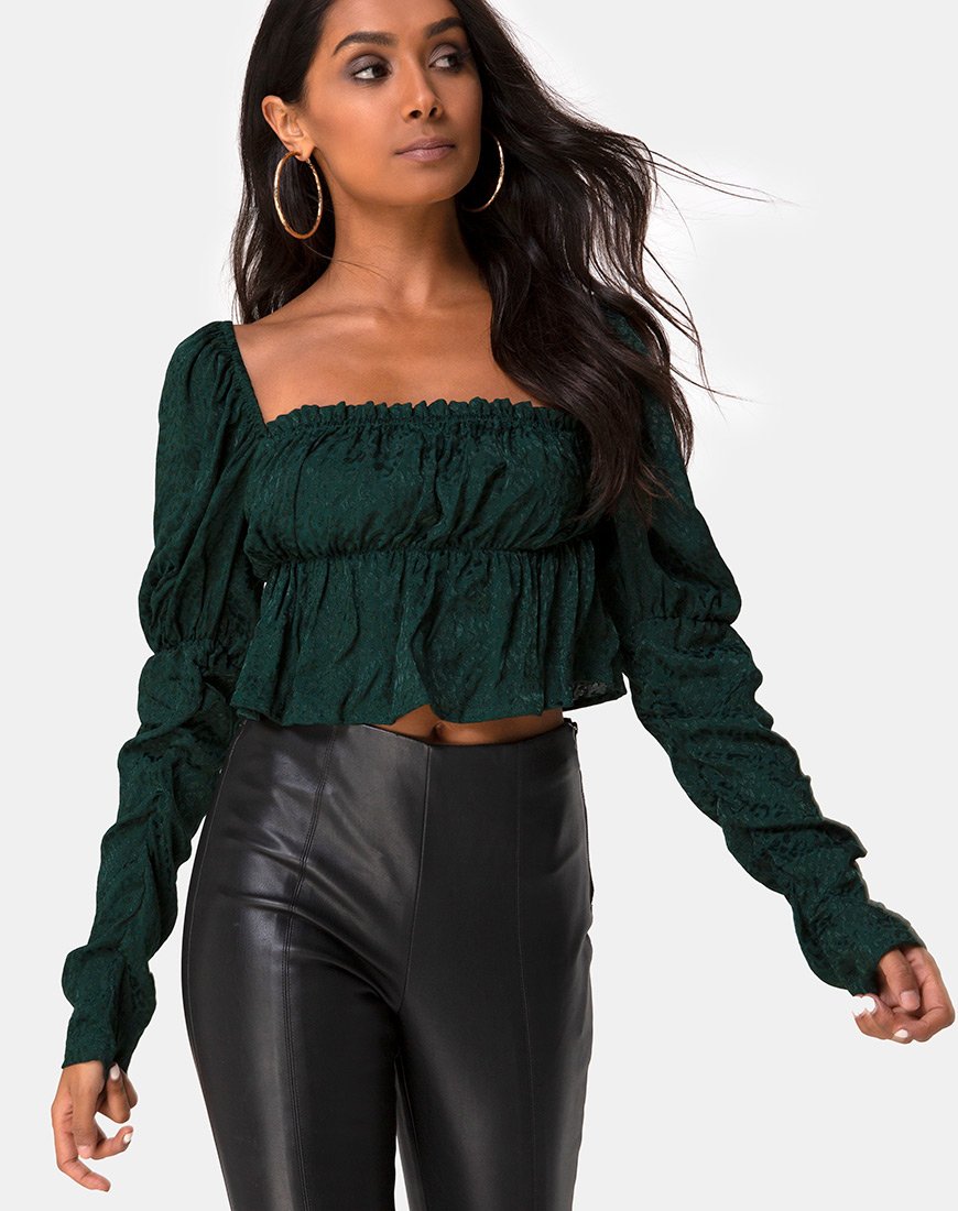 Piery Top in Satin Cheetah Forest Green