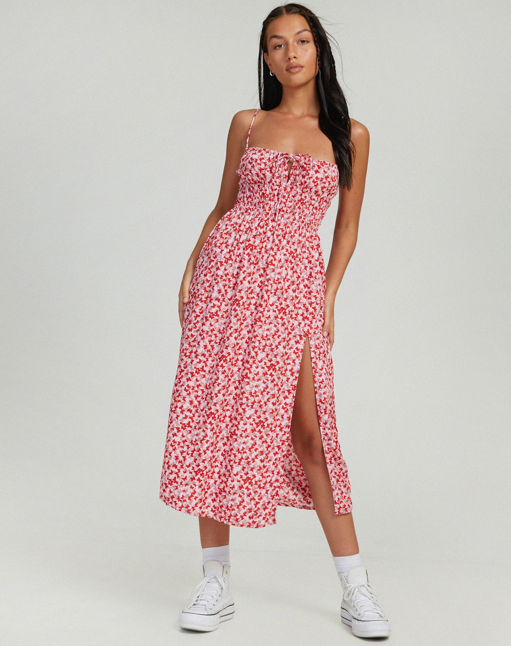 Jeyro Midi Dress in Ditsy Butterfly Peach and Red