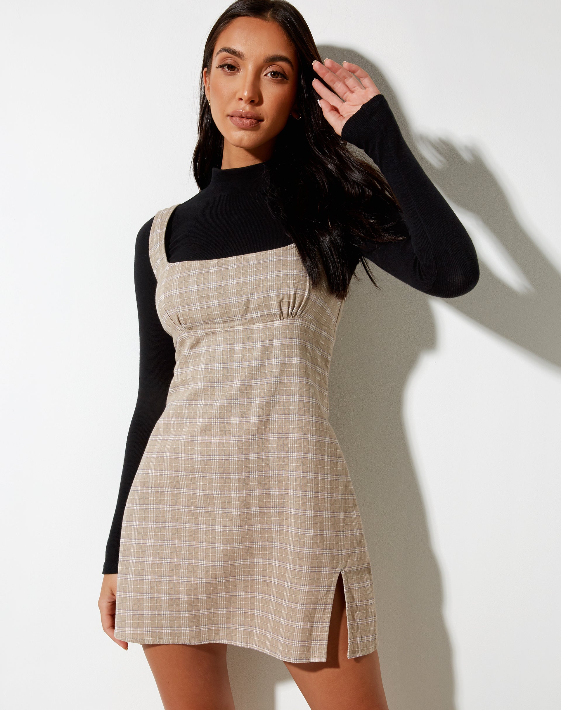 ♡ ❣️ check mini dress beige M Chunky Strap Beige and White Check Mini Dress | Mehra – motelrocks
