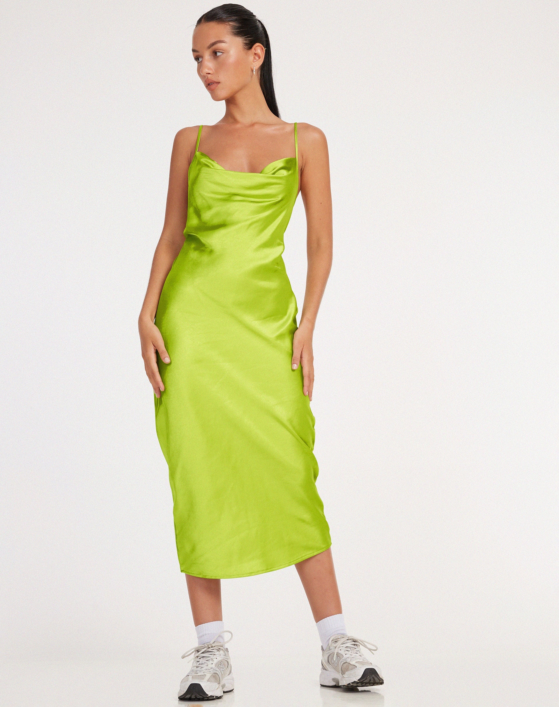 Image of Palasha Midi Dress in Satin Lime Green