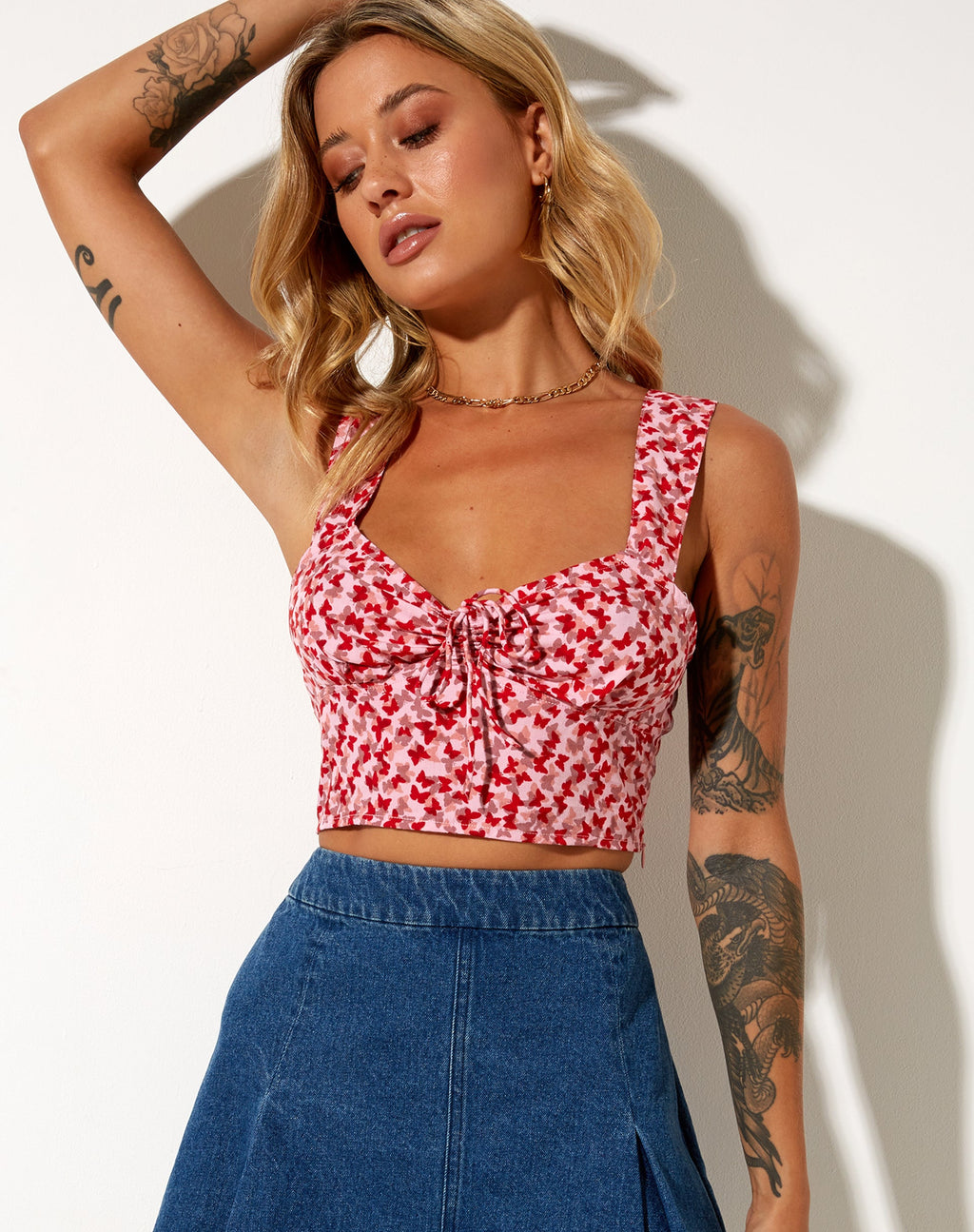 Ridis Vest Crop Top in Ditsy Butterfly Peach and Red