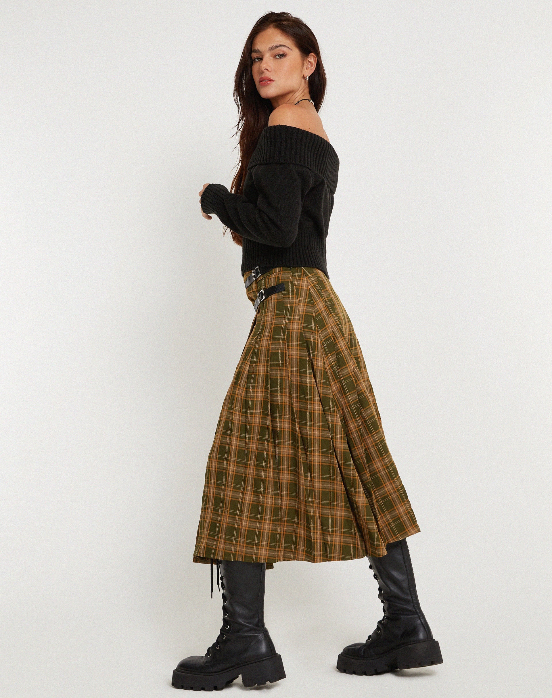 image of Rigifa Midi Skirt in Tartans Green Brown