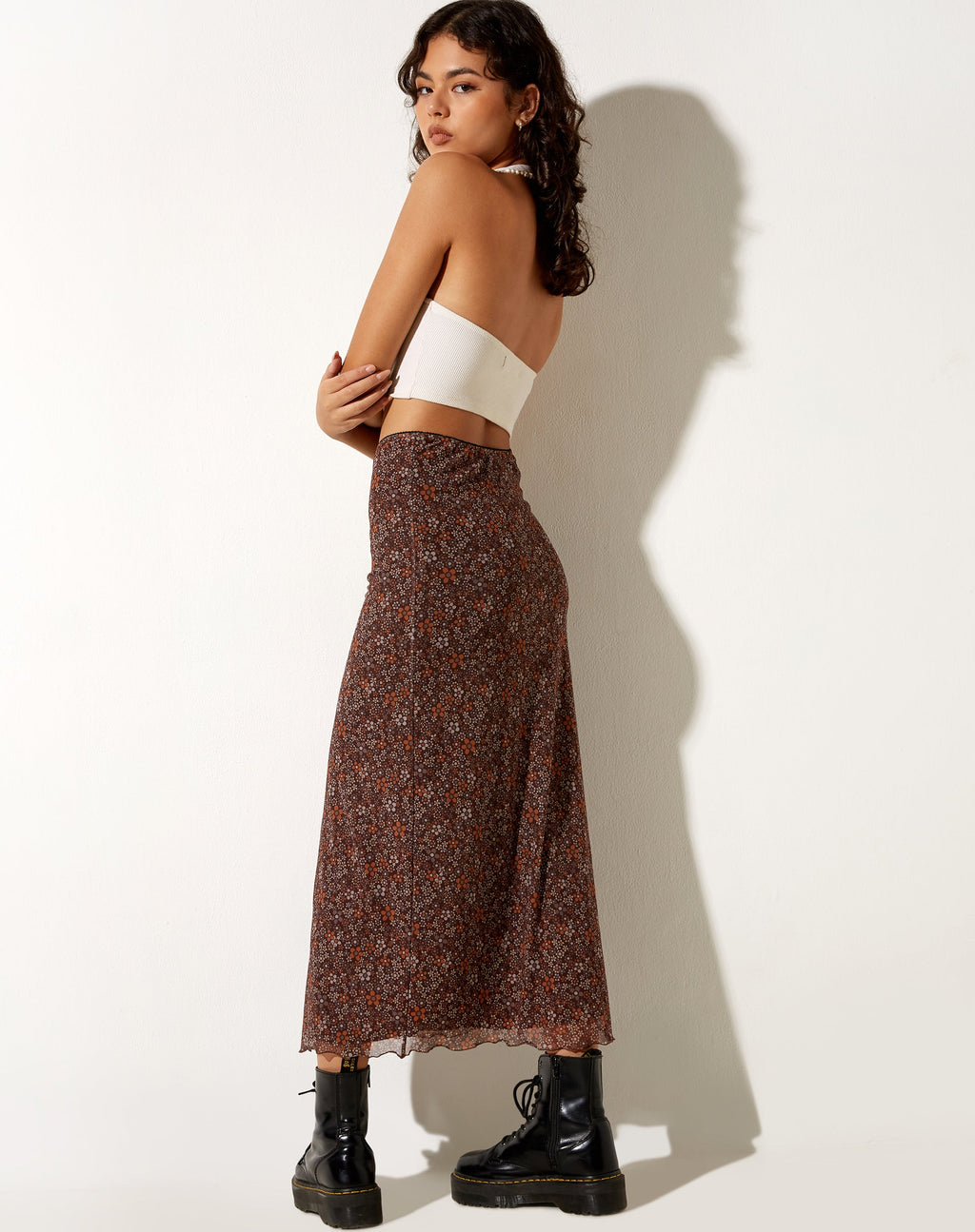 Rindu Midi Skirt in Flower Garden Brown