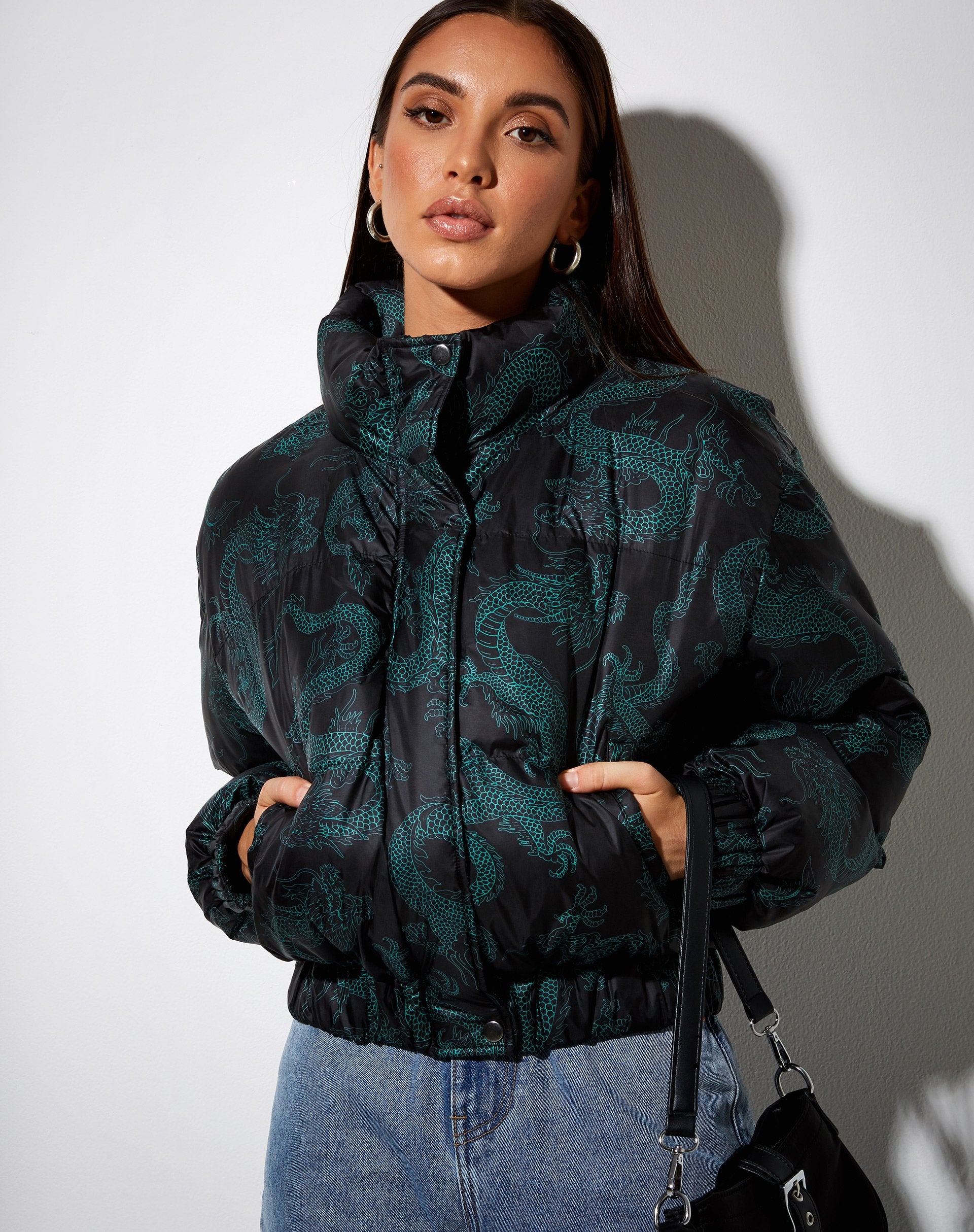 Image of Rohos Puffer Jacket in Dragon Flower Black and Mint