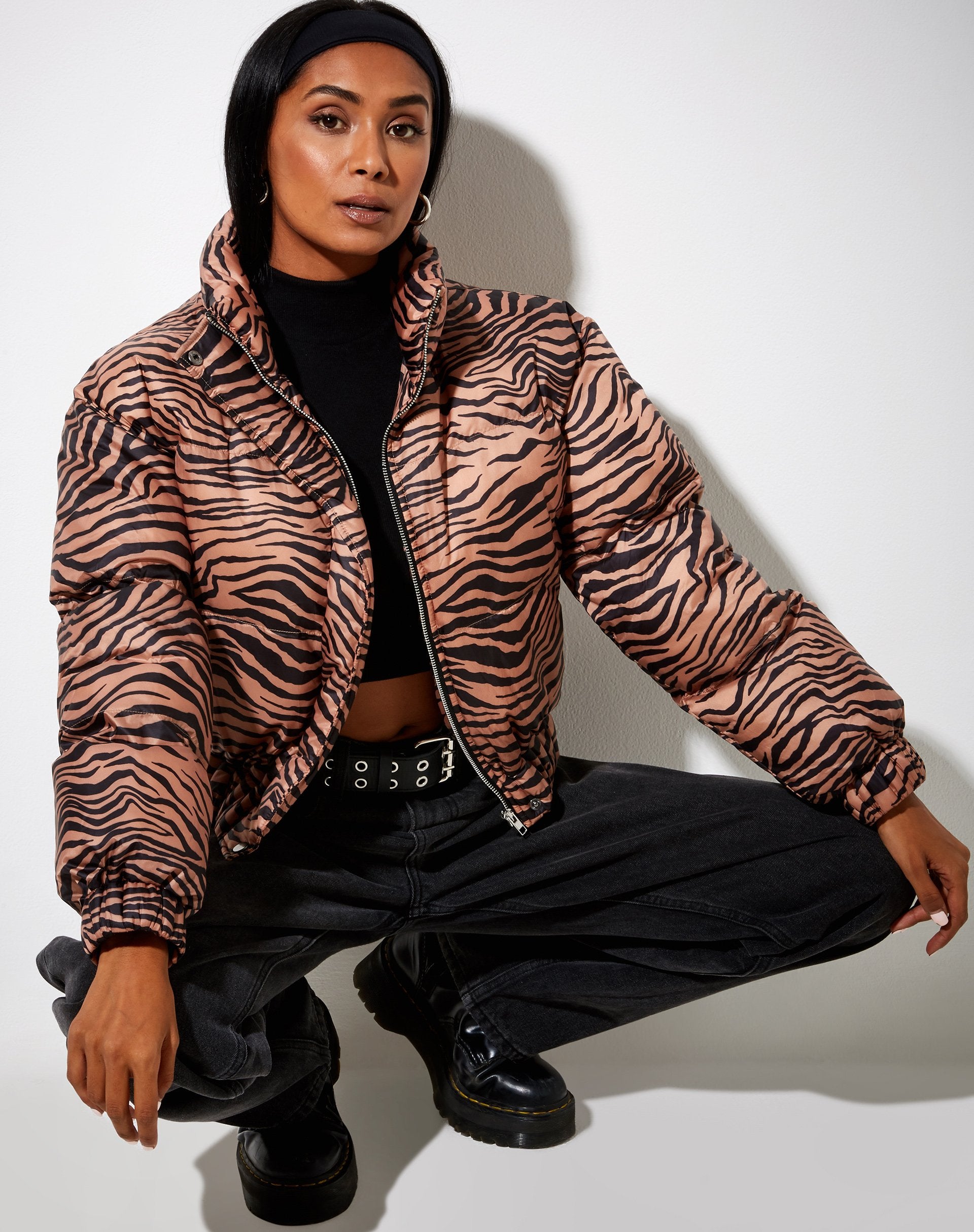 Rohos Puffer Jacket in Zebra Black and Brown - Main Image