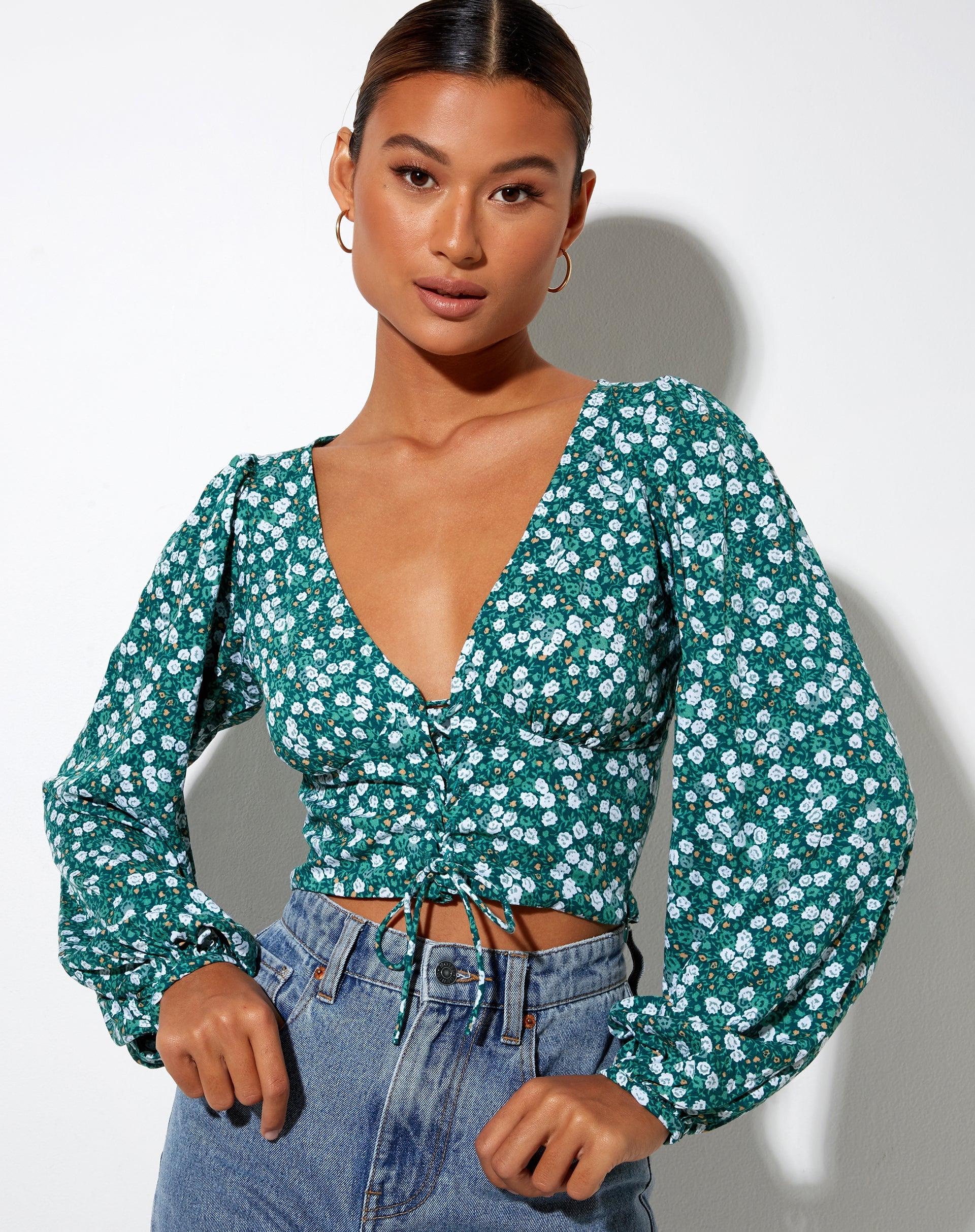 Image of Romina Long Sleeve Top in Floral Field Green