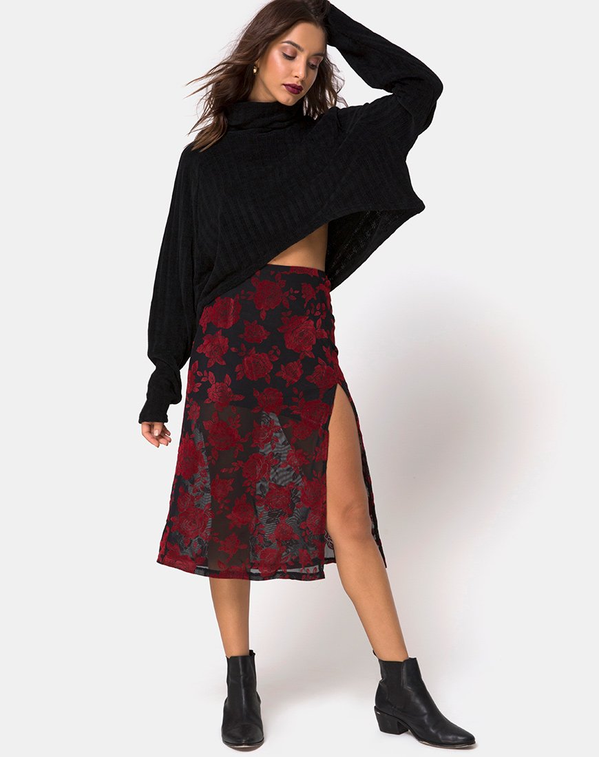 Saika Midi Skirt in Romantic Red Rose Flock