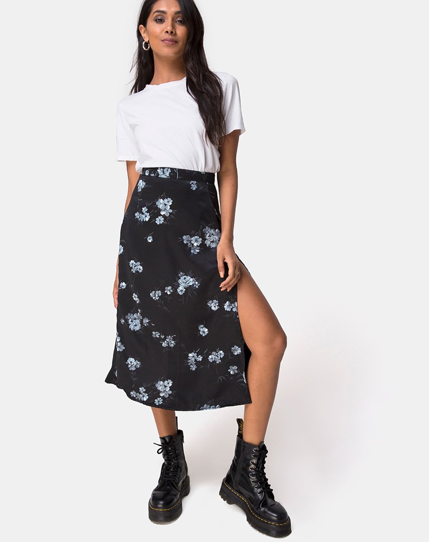 Saika Midi Skirt in Mono Flower Black