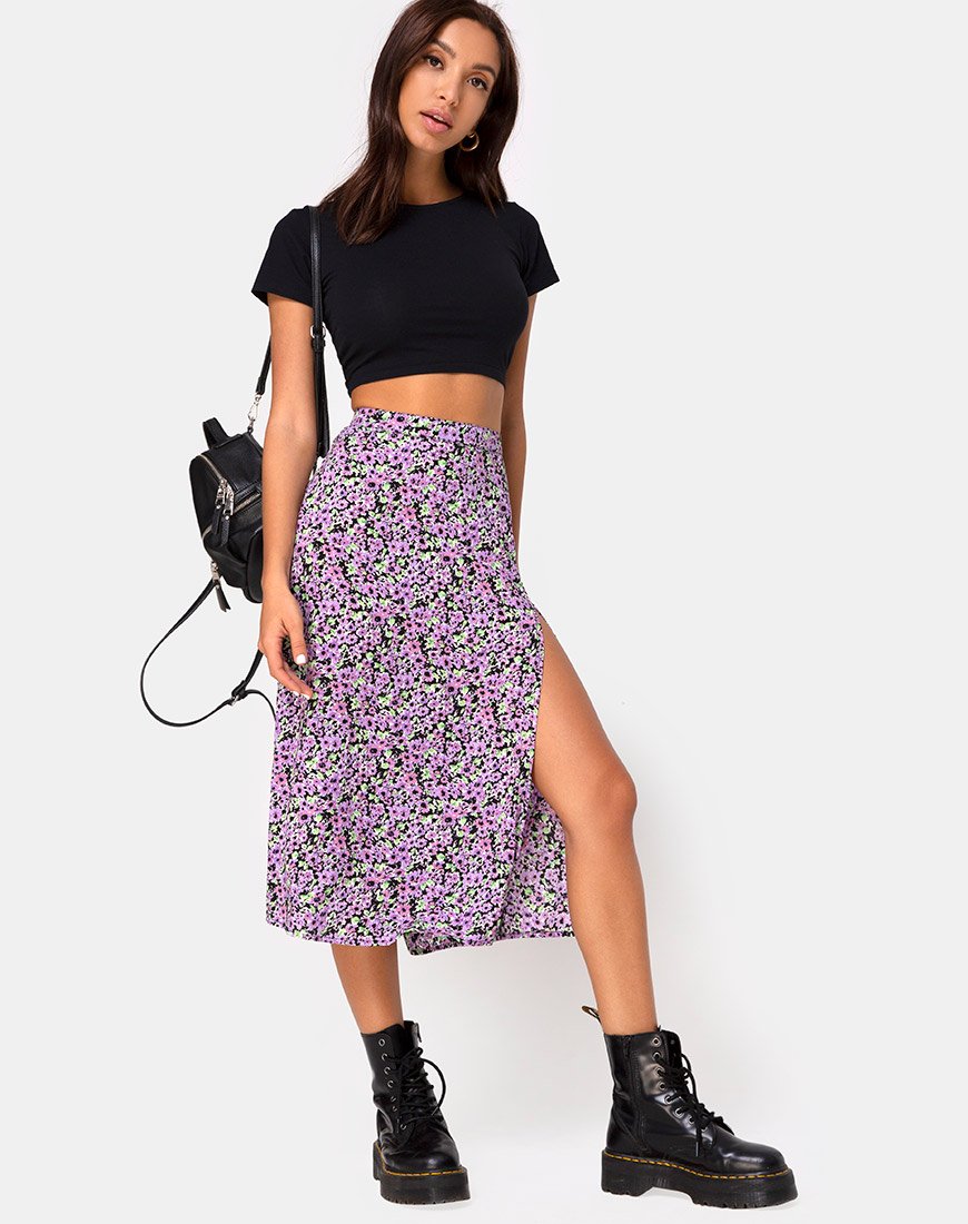 Lilac Floral Midi Skirt | Saika – motelrocks-com-eur