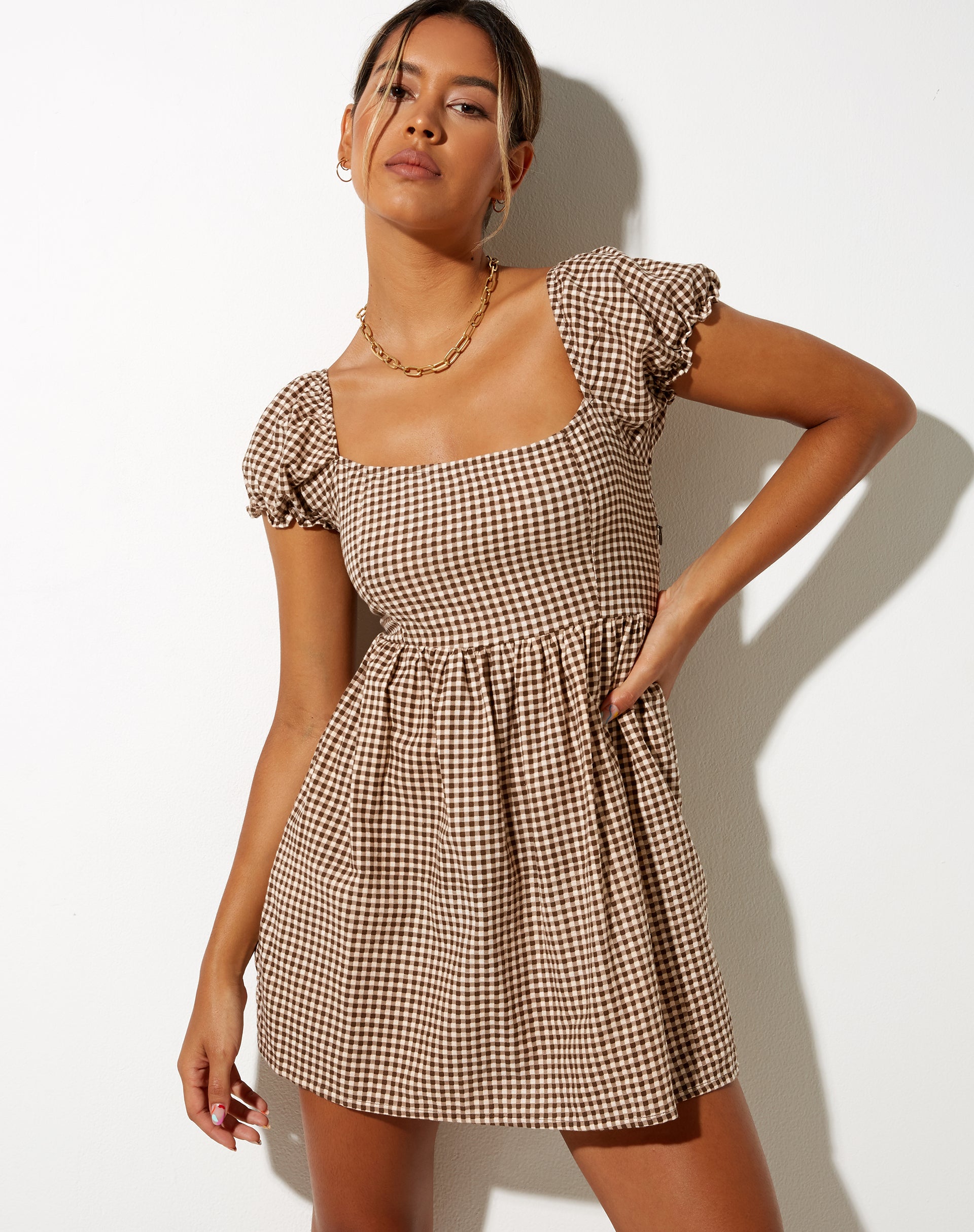 brown gingham dress short Sanaly Mini Dress in Mini Gingham Brown , Frill , Loose Fit