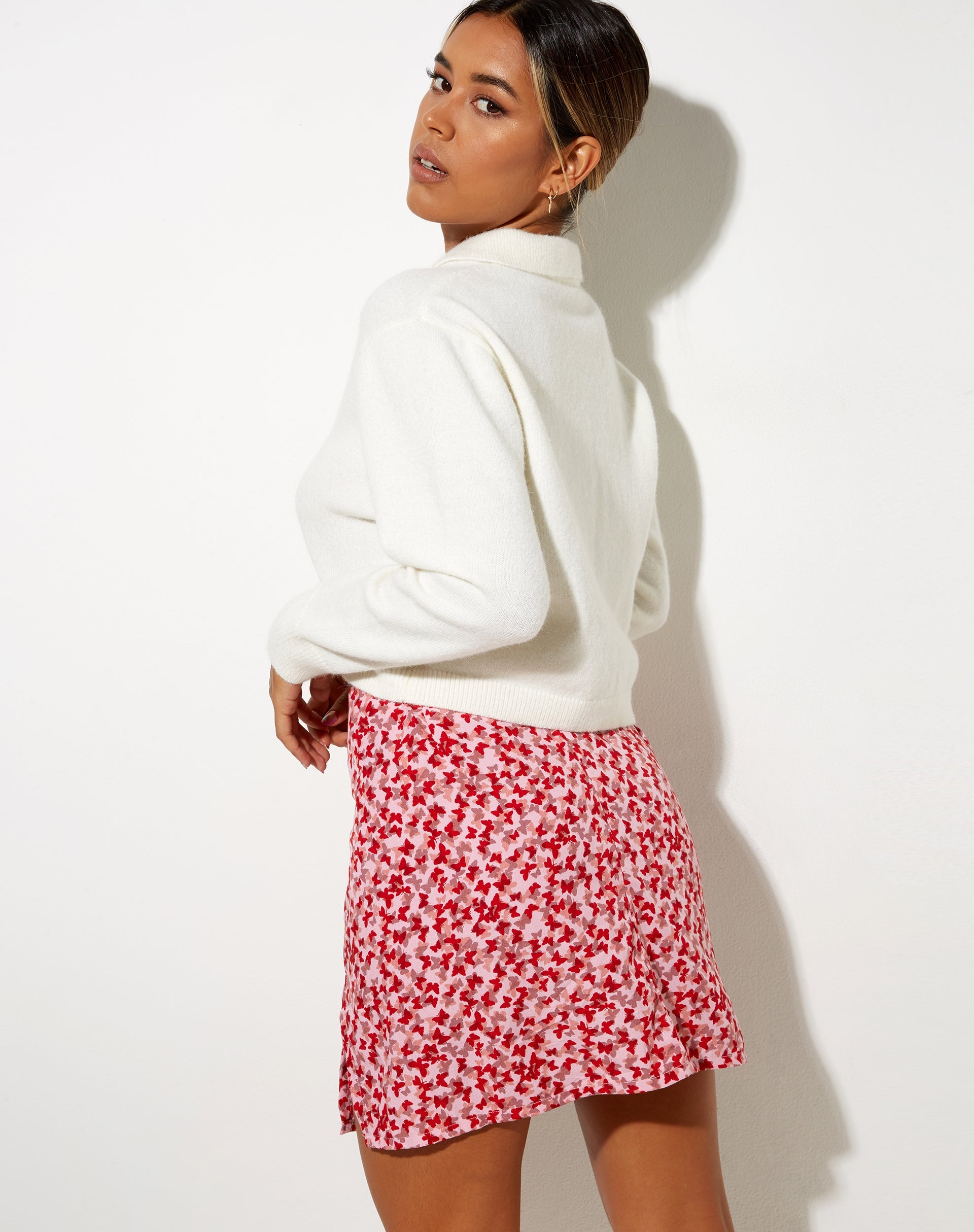 Image of Sheny Mini Skirt in Ditsy Butterfly Peach and Red