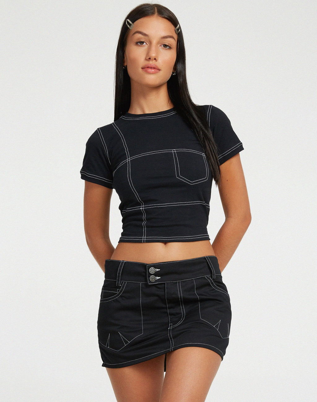 Shyla Cropped Tee in Black with White Stitch