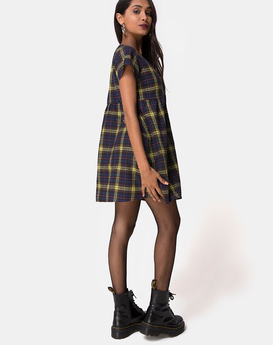 Image of Skibbie Dress In Plain Brown Yellow Check