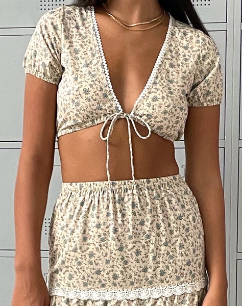 Blue and Ivory Antique Floral Tie Front Crop Top | Skise