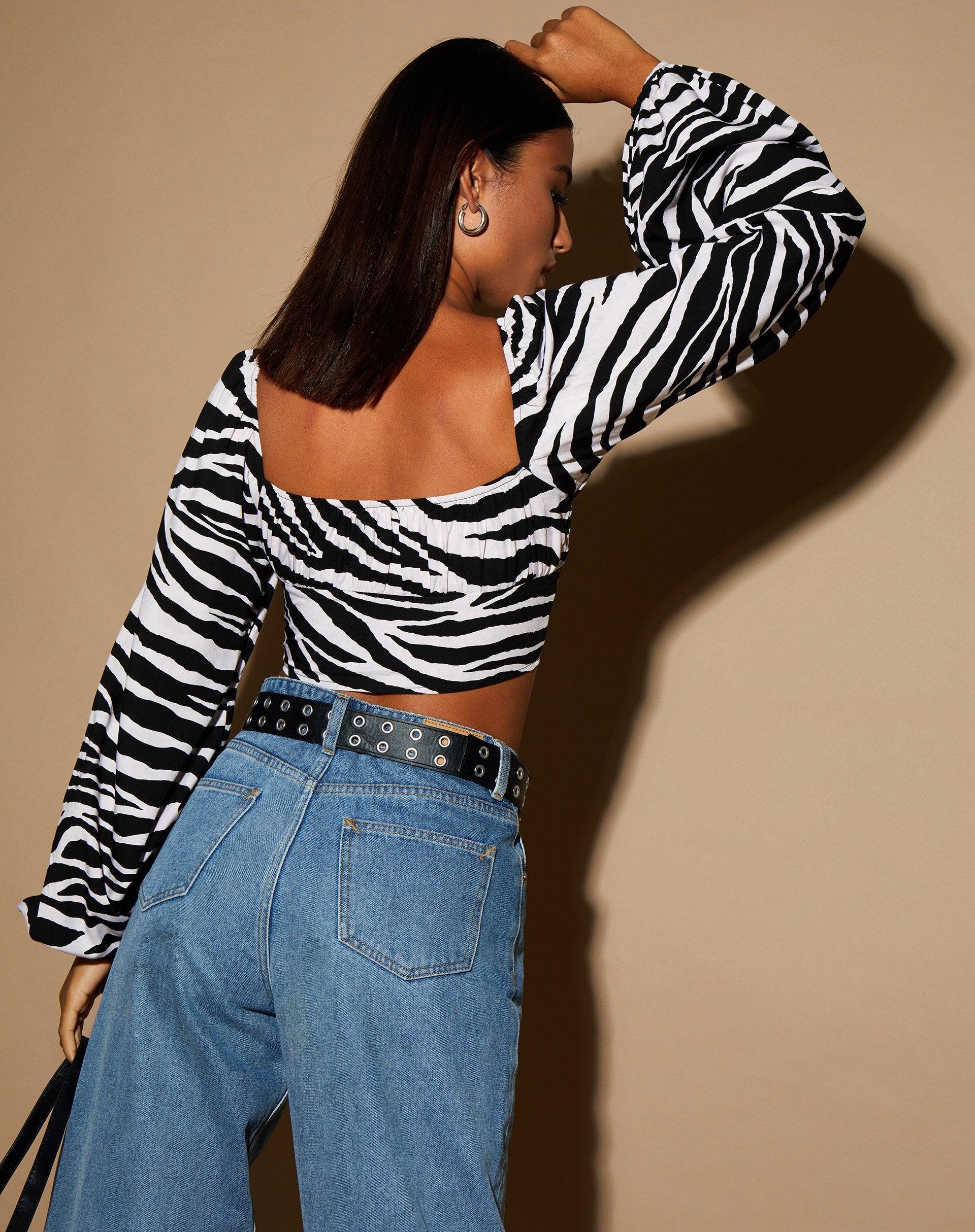 Black and White Zebra Print Long Sleeved Crop Top | Irene