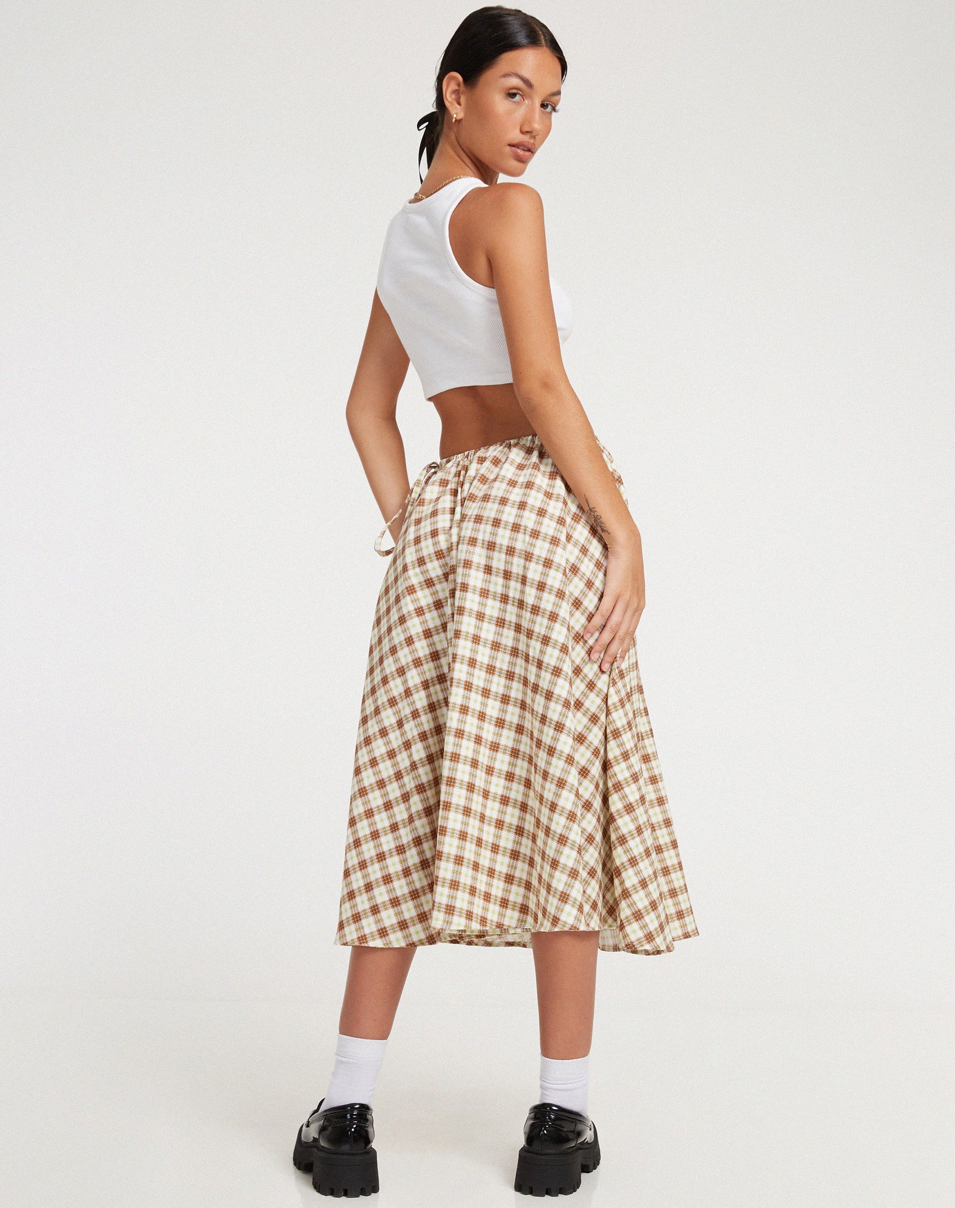 image of Takara Midi Skirt in Yellow and Brown Check