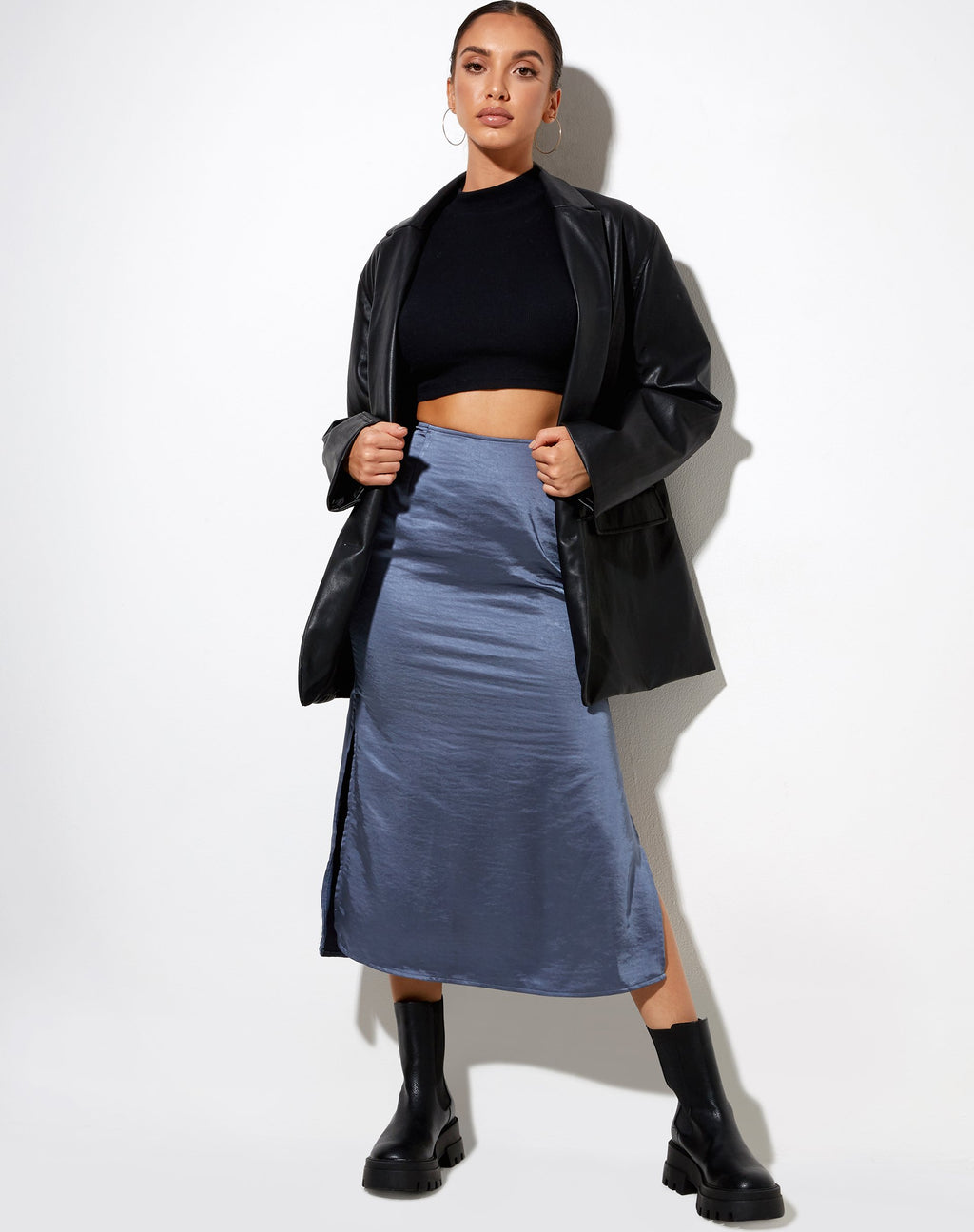 Tindra Midi Skirt in Satin Slate Blue