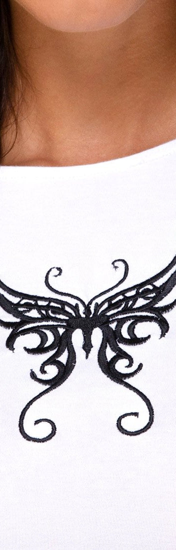 Black / White Butterfly Embroidery Round Neck Top for Summer