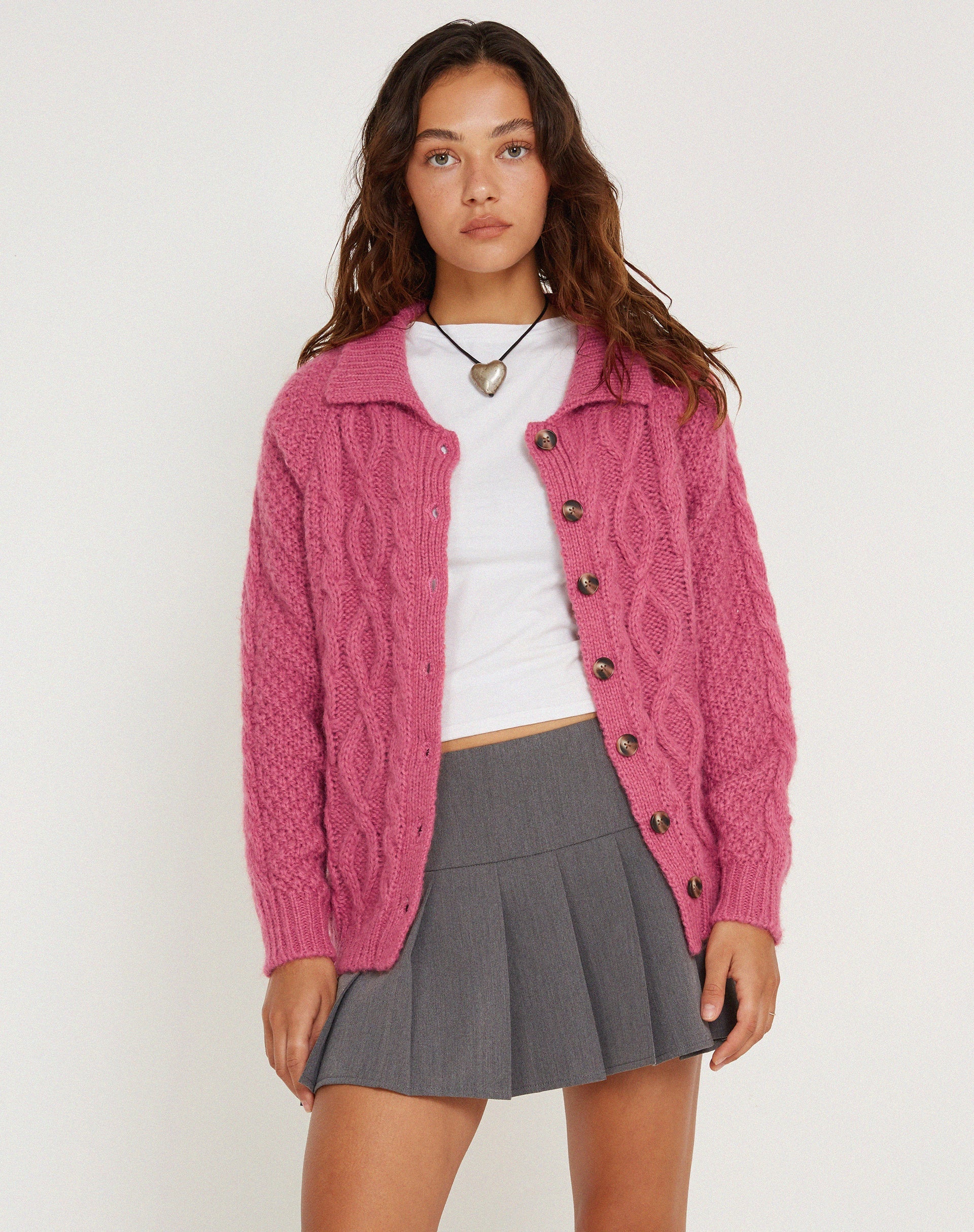 image of Triny Cardi in Cable Knit Pink