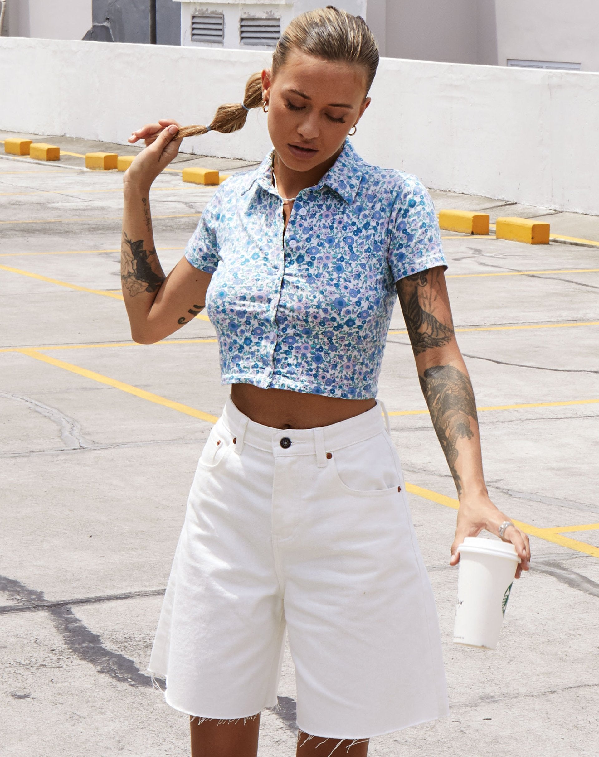 Image of Wuma Cropped Shirt in Flower Power Blue