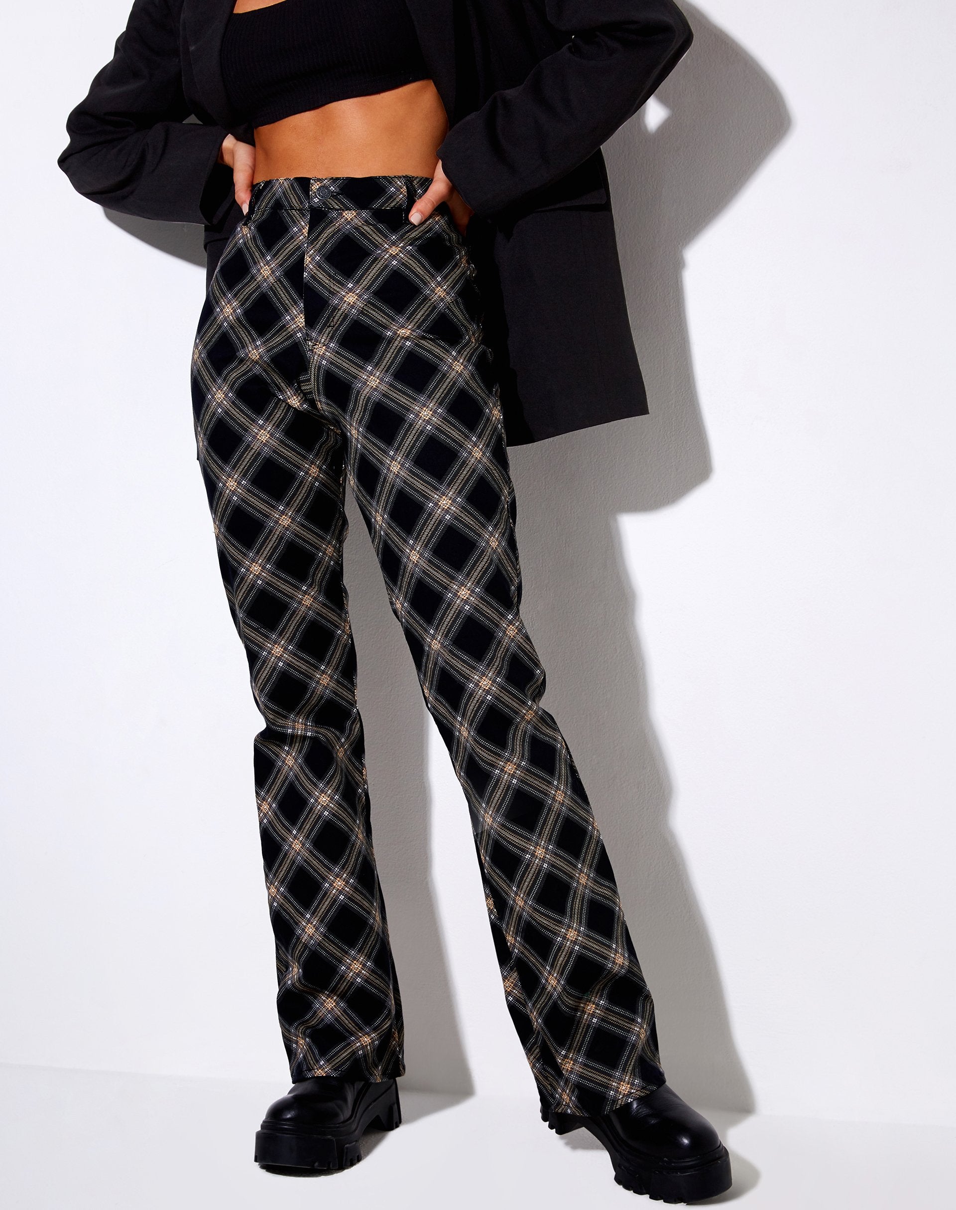 Image of Zoven Flare Trouser in 20s Check Black and Grey