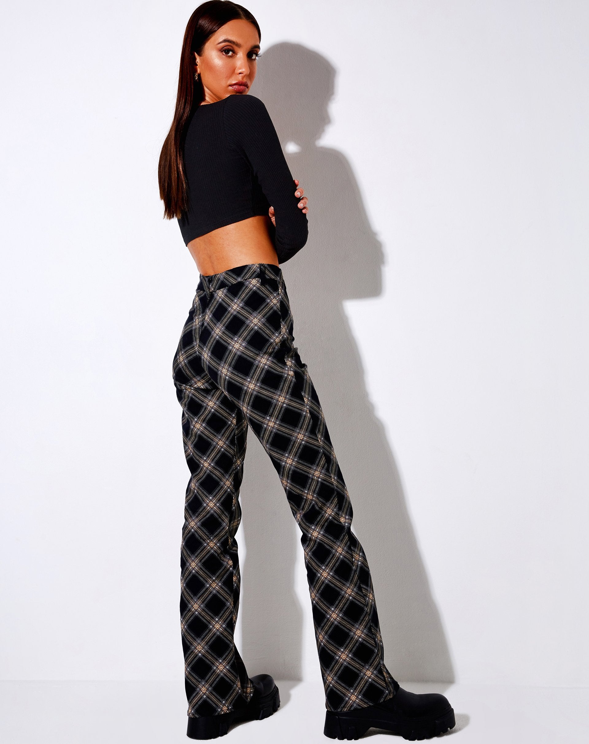 Image of Zoven Flare Trouser in 20s Check Black and Grey