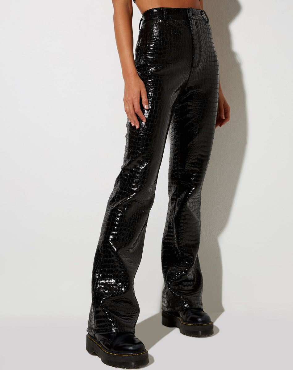 Black Croc Faux Patent Leather High Waisted Flared Trousers | Zoven ...