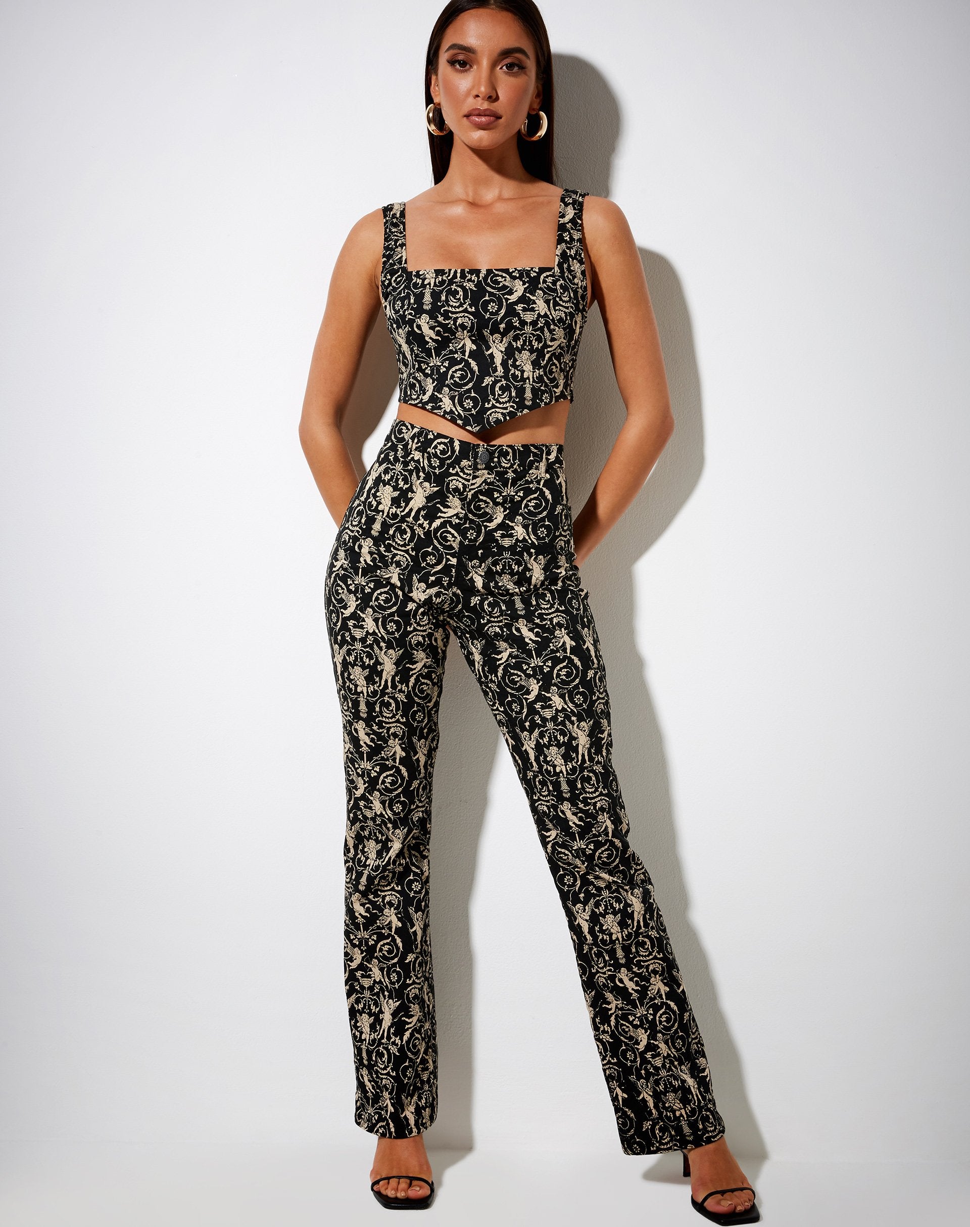 Image of Zoven Flare Trouser in Baroque Cherub Black and Gold